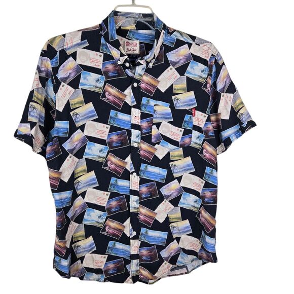 RSVLTS Bob Ross Shirt Sz XL Black Rayon Postcards Beach Short Sleeve Button Up - Picture 1 of 5